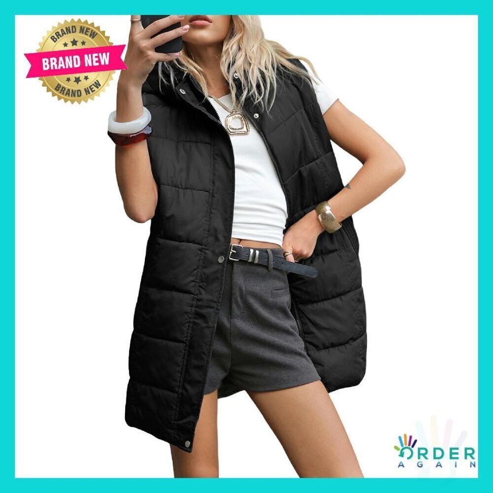 Long Hooded Puffer Vest Quilted Sleeveless Jacket Minimal Chic Winter Outerwear